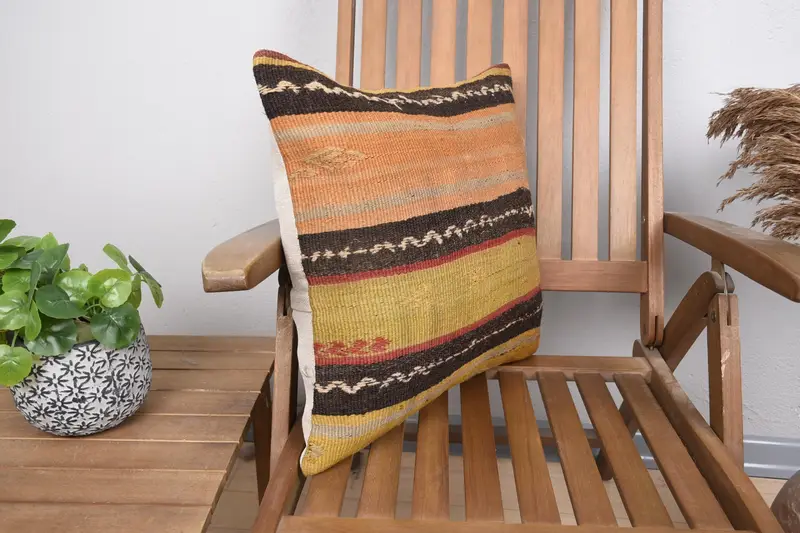 Ethnical Kilim Rug Pillow, Chair Cushion Case, Vintage Kilim Throw Pillow, Pillow Case, 18x18 Yellow Pillow, Home Decor Pillow, Pet Cushion - 2