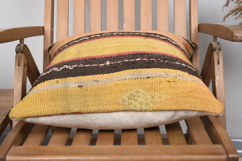 Ethnical Kilim Rug Pillow, Chair Cushion Case, Vintage Kilim Throw Pillow, Pillow Case, 18x18 Yellow Pillow, Home Decor Pillow, Pet Cushion - 5