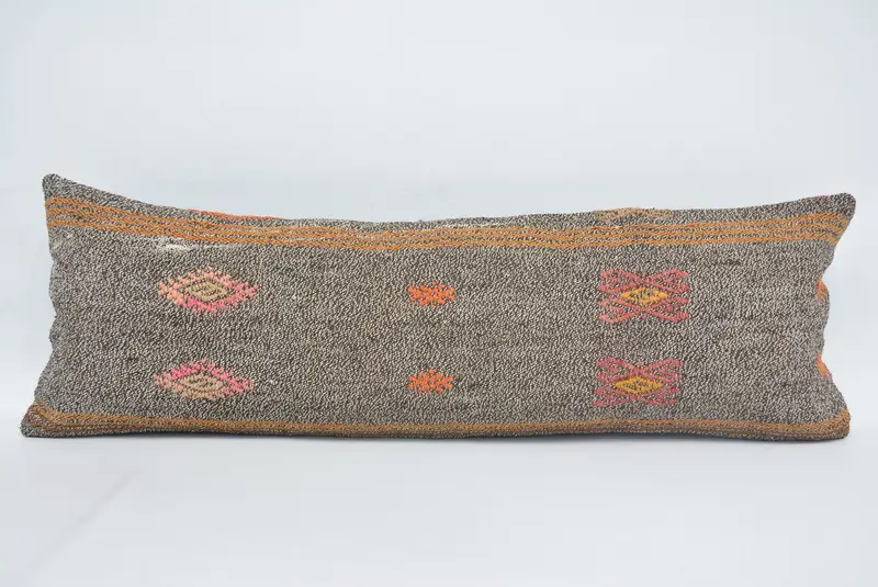 Beige & Rot 12x36 besticktes Wurfkissen, Vintage Rechteckkissen