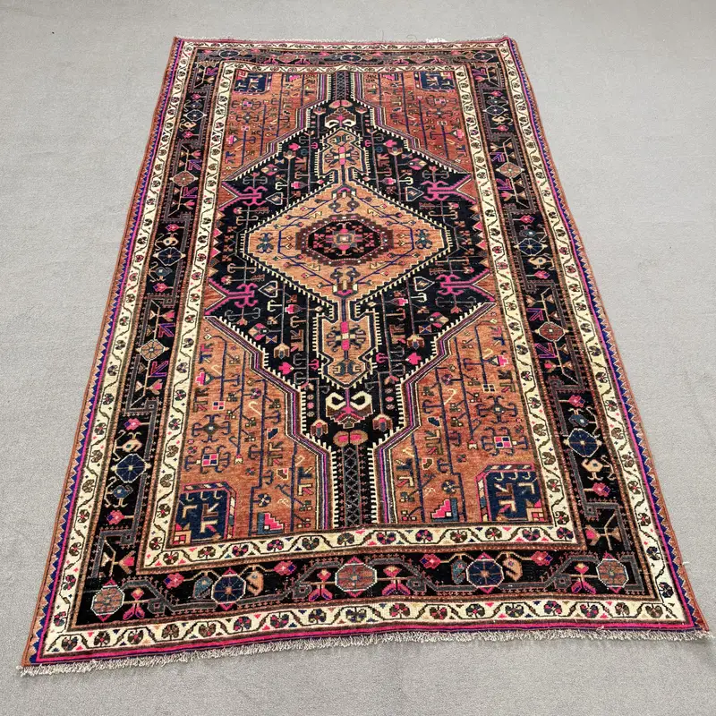 Vintage Turkish Rug, 4.6x7.7 ft Area Rug, Blue Brown Camouflage Rug - 1