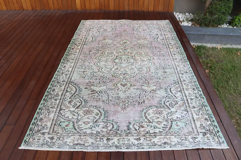 Vintage Halı, 5.2x8.1 ft Büyük Türk Halısı, Oushak Yeşil Gri Düz Halı - 1