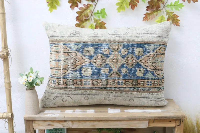 Blaues und beiges Patchwork-Wurfkissen, 20 x 28 handgefertigtes Kissen