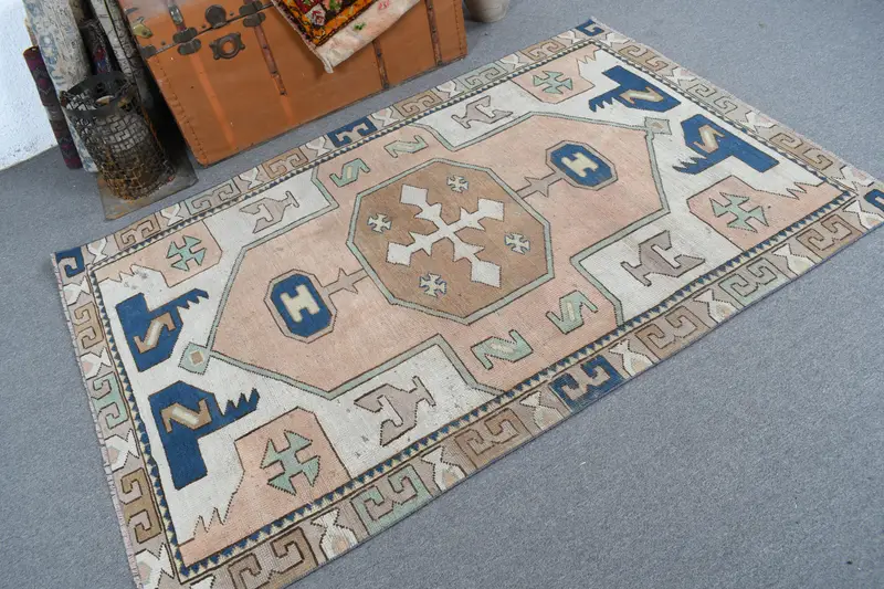 Vintage Turkish Oushak Area Rug 4.1x6.3 ft, Blue Moroccan Rug Wool - 1