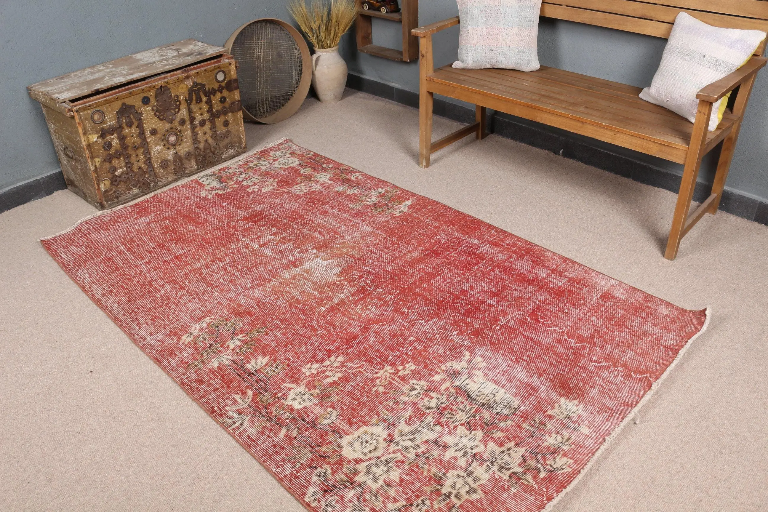 Vintage 4,4x7,3 ft Teppich, türkischer Teppich, rot gestreifter Wollteppich - 1