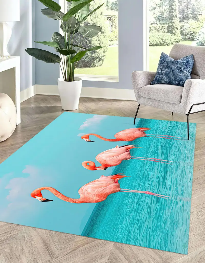 Bedruckter Teppich „Flamingo Paradise“: Tropisches Sommer-Meereslandschaftsdekor