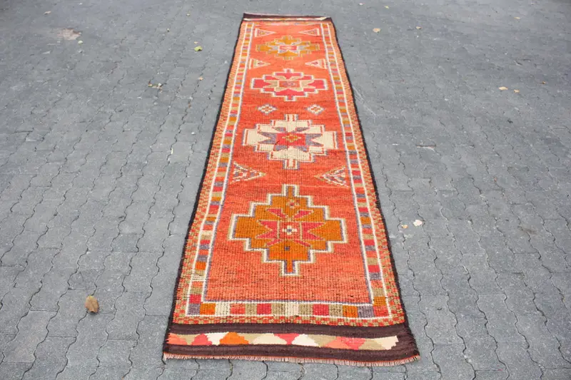 Türkischer Läuferteppich 2,8x12 ft, Vintage Herki Roter Wollteppich - 1