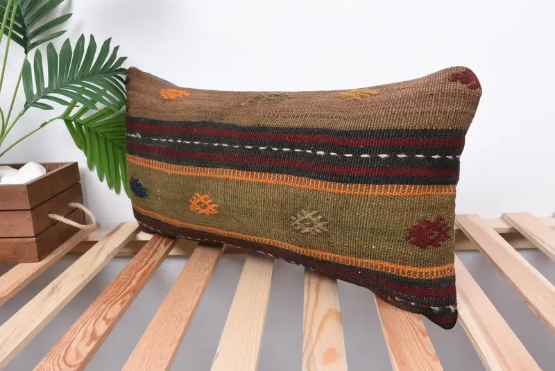 Kilim Pillow, Cushion Cover, 12x24 Green Cushion, Crochet Pattern Cushion Cover, Pillow for Sofa, Turkish Corner Cushion Cover, Gift Pillow - 5