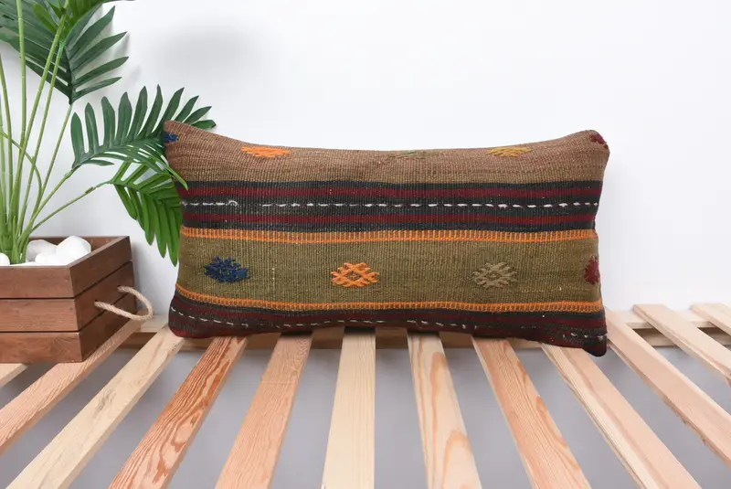 Kilim Pillow, Cushion Cover, 12x24 Green Cushion, Crochet Pattern Cushion Cover, Pillow for Sofa, Turkish Corner Cushion Cover, Gift Pillow - 1