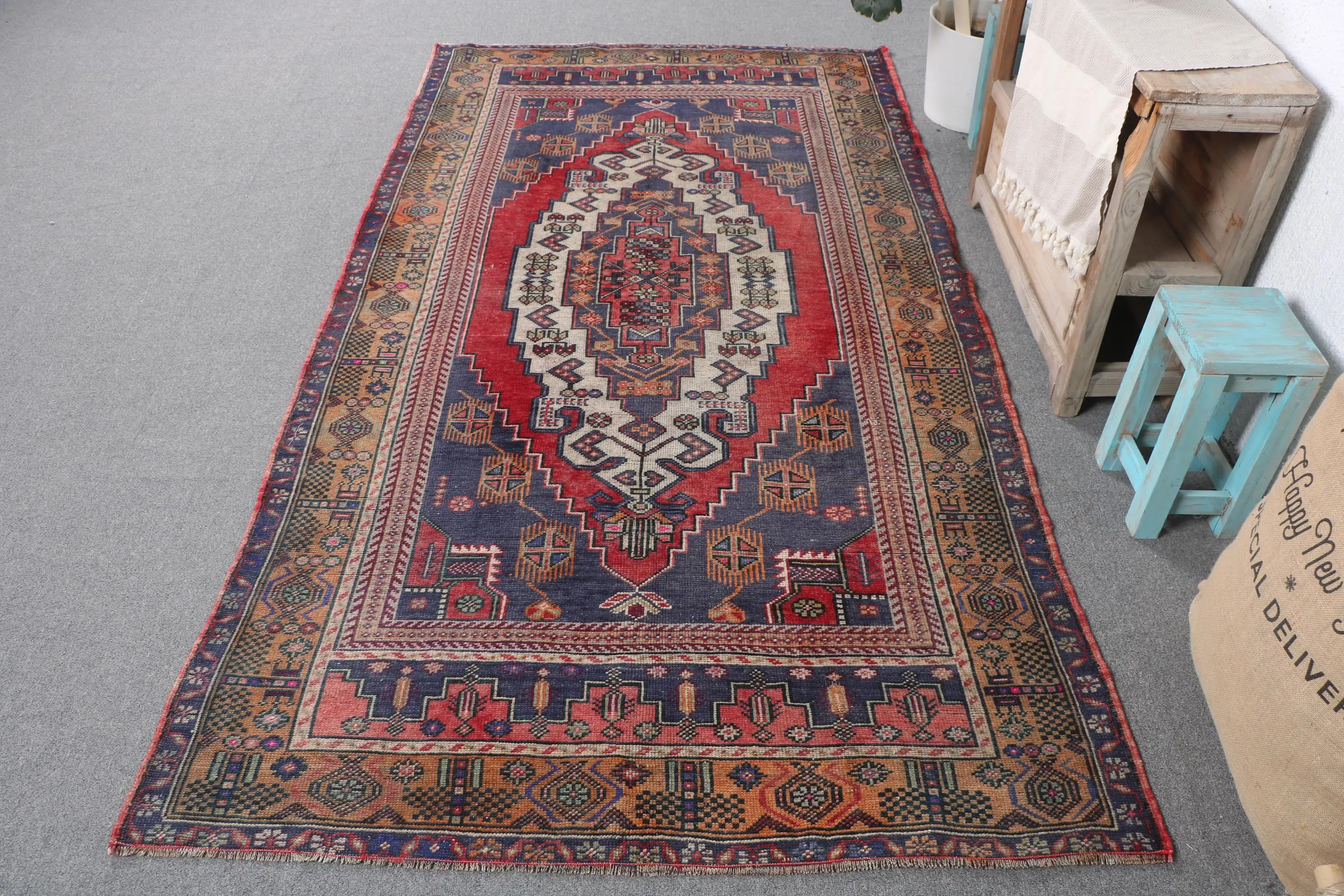 4.5x8.1 ft Rug, Turkish Vintage Rug, Red Wool Rug - 1