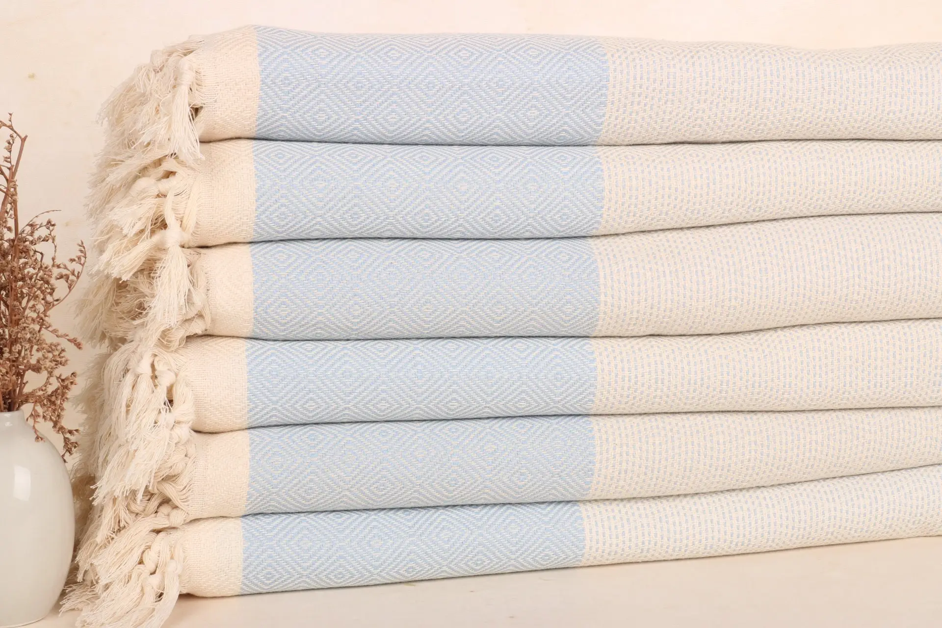 Baby Blue Cotton Throw Blanket, Patchwork Pattern, 79x103 Inches - 1