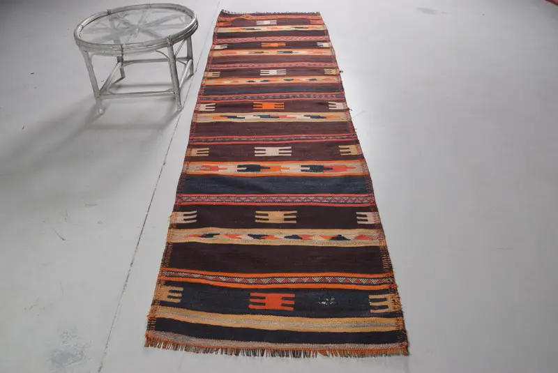 2.9x10.5 ft Vintage Runner Rug, Brown Blue Turkish Polka dot Wool Rug - 1