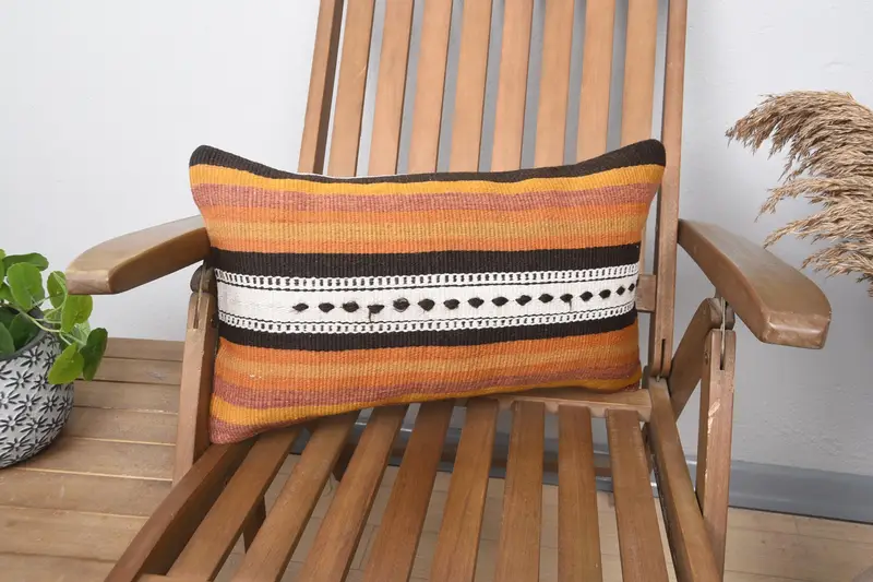 Turkish Cushion, 12x20 inch Striped LuxuryRed Moroccan Wool Pillow Cover - 1
