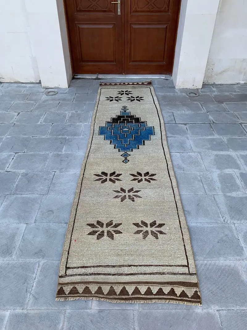 Vintage 2.9x11.1 ft Rug, Runner Turkish Rug, Brown Blue Floral Wool Rug - 1