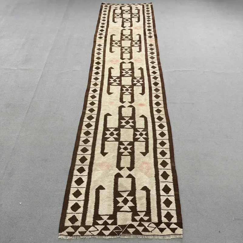 3.1x12.1 ft Turkish Runner Rug, Vintage Brown Check Rug - 1