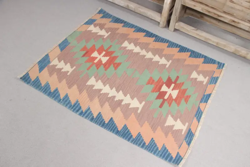 Vintage Kilim Halı 2.8x3.5 ft, Mavi Kırmızı Çiçek Yün Türk Halısı - 1