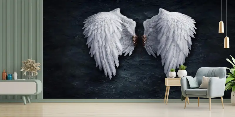 Bedruckte Tapete: Eleganter Banksy-Engel mit abstrakten Flügeln