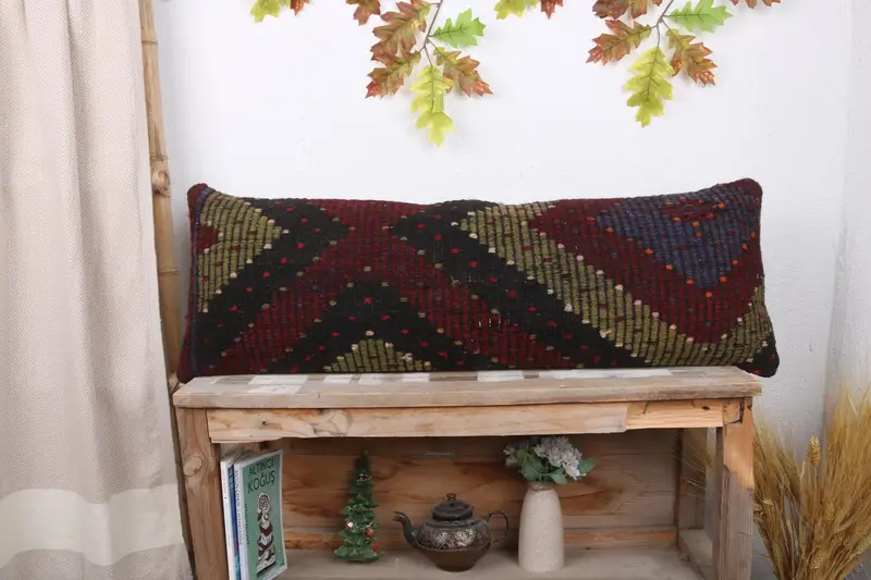 Personalized Gift Pillow Cushion Case, Gift Pillow, Vintage Kilim Pillow, Pillow Sham, 12x36 Red Cushion Case, Ethnical Kilim Rug Pillow - 1