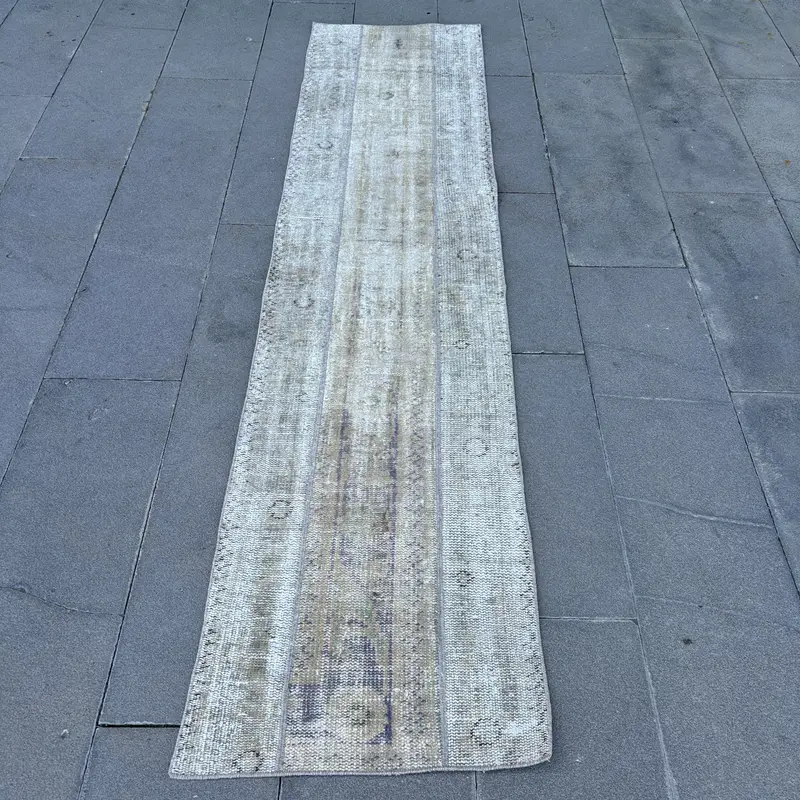 Vintage Rug, 1.9x8.2 ft Runner Turkish Rug, Oushak Gray Blue Floral Rug - 1