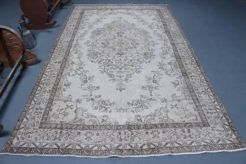 Alfombra turca grande 6x9,9 pies (183x303 cm), alfombra vintage oriental blanca Oushak - 1