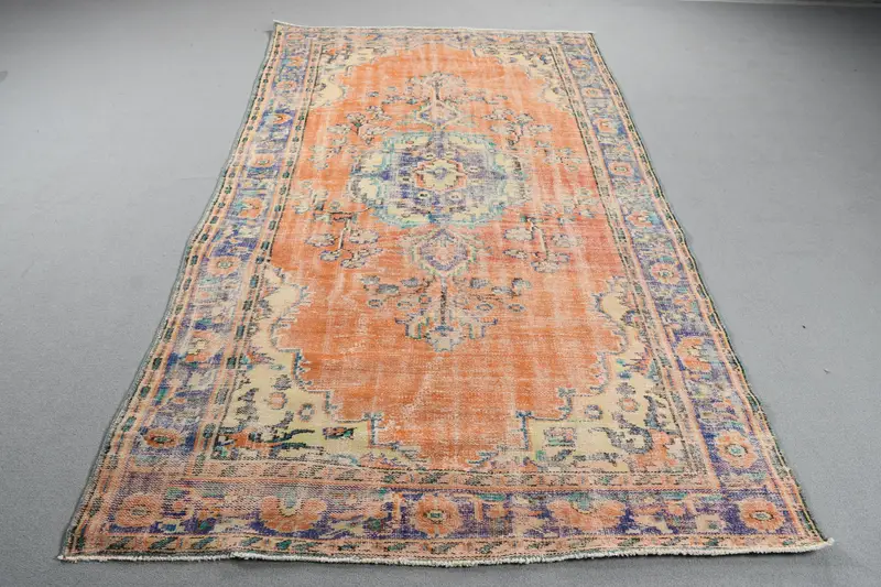 Vintage Oushak Rug 5.4x9.5 ft (164x289 cm), Orange Floral Turkish Rug - 1