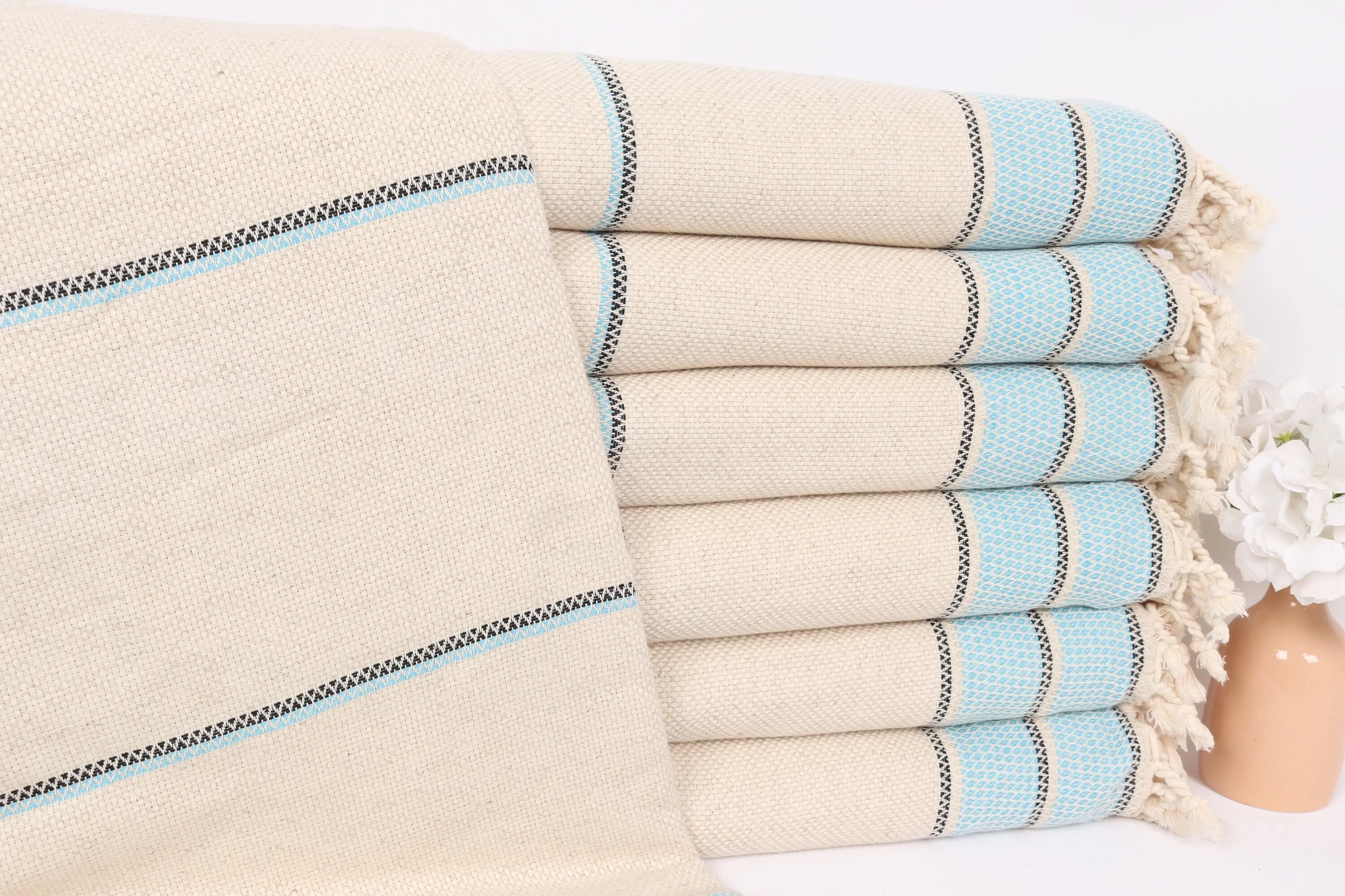 Turquoise Linen Throw Boho Throw Blanket Striped, 95x103 Inches - 1