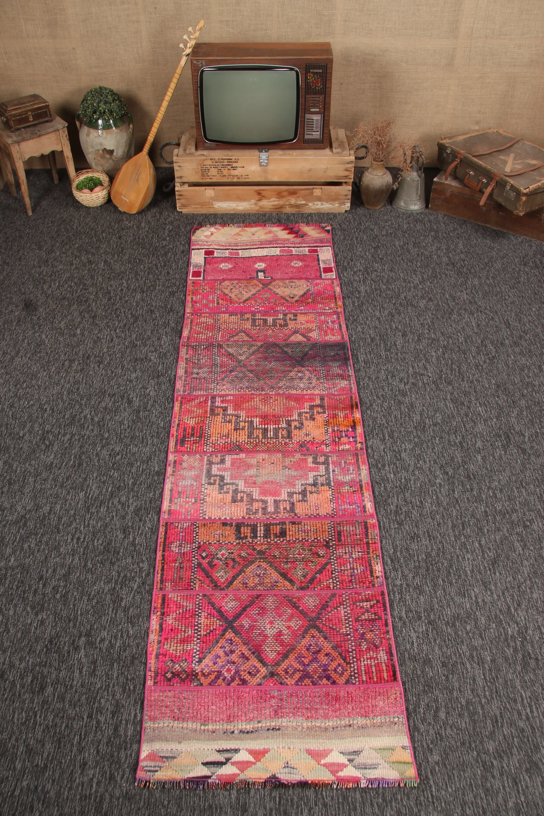 Vintage Turkish Rug, 2.5x9.2 ft Patchwork Rug, Pink Geometric Rug - 1
