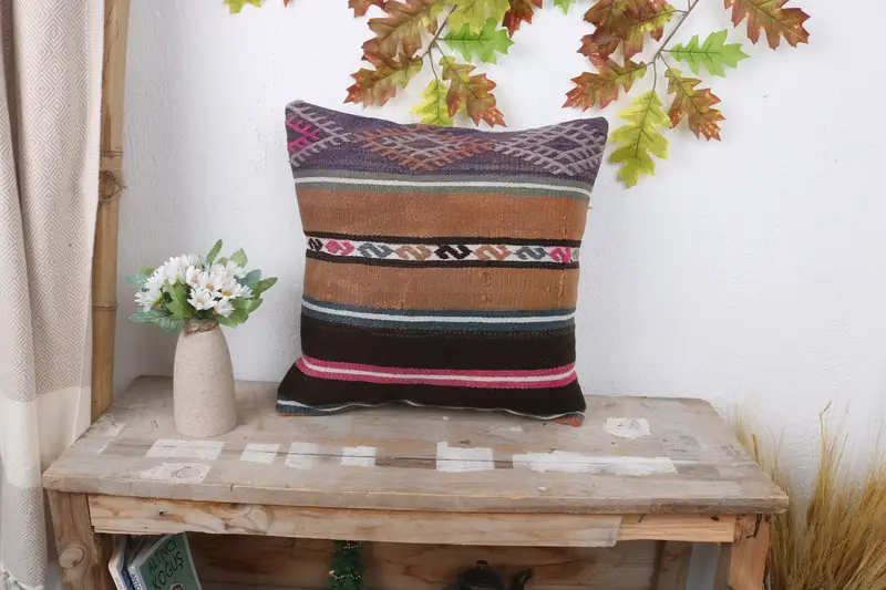 Pillow Sham, Boho Pillow Sham Cover, Custom Pillow Cover, Vintage Kilim Throw Pillow, 16x16 Purple Pillow Case, Kilim Pillow Cover - 1