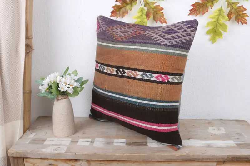 Pillow Sham, Boho Pillow Sham Cover, Custom Pillow Cover, Vintage Kilim Throw Pillow, 16x16 Purple Pillow Case, Kilim Pillow Cover - 4