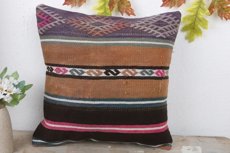 Pillow Sham, Boho Pillow Sham Cover, Custom Pillow Cover, Vintage Kilim Throw Pillow, 16x16 Purple Pillow Case, Kilim Pillow Cover - 2