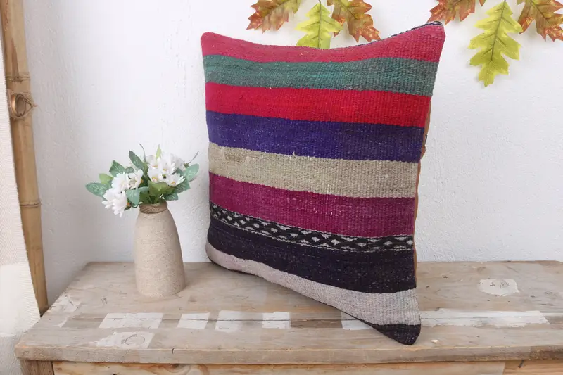 Ethnic Pillow Cover Pillow Sham, 16x16 Purple Pillow Sham, Boho Pillow Sham Cover, Car Pillow, Pillow, Throw Kilim Pillow, Turkish Kilim Pillow - 4