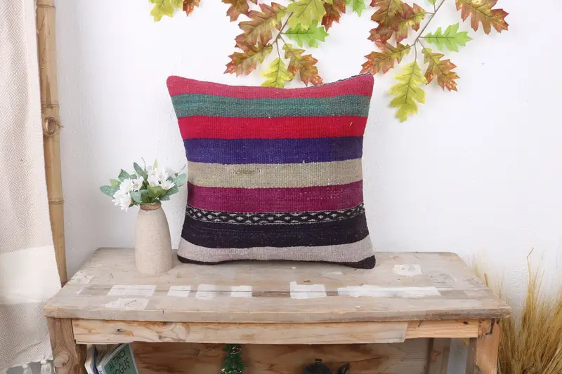 Ethnic Pillow Cover Pillow Sham, 16x16 Purple Pillow Sham, Boho Pillow Sham Cover, Car Pillow, Pillow, Throw Kilim Pillow, Turkish Kilim Pillow - 1