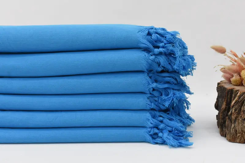 Blue Solid Turkish Beach Towel, Handmade Organic Cotton, 70x40 Inches