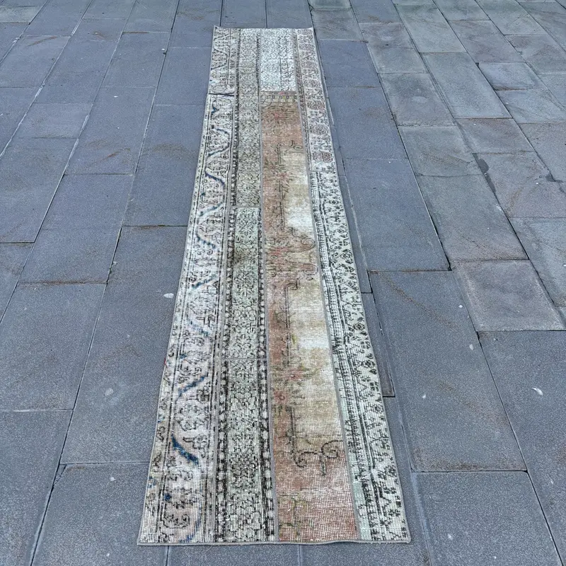 グリーン & オレンジ ラグ、2.1x10.7 フィート 花柄 & 幾何学模様