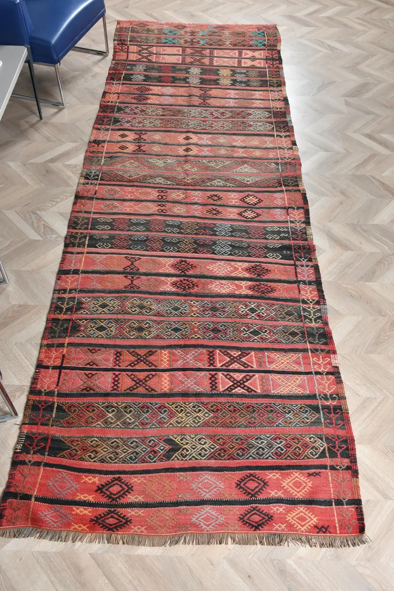 Kırmızı Soyut Halı, 3,8x11,6 ft Zarif Dekor