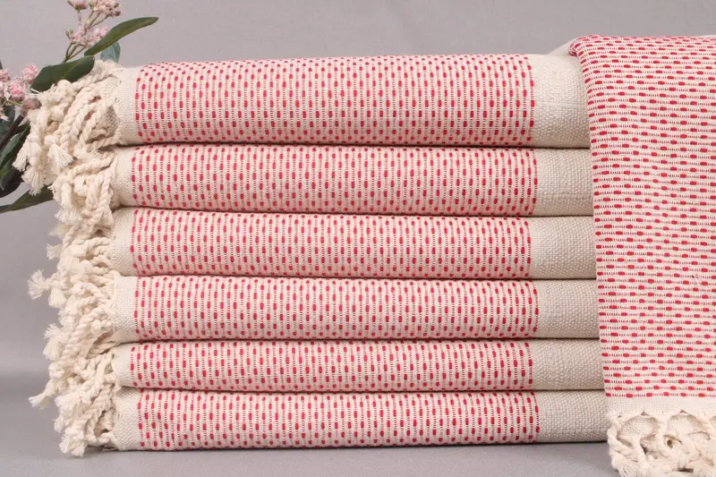 Turkish Beach Towel Embroidered Red Beige, Organic Cotton, 40x71 Inches
