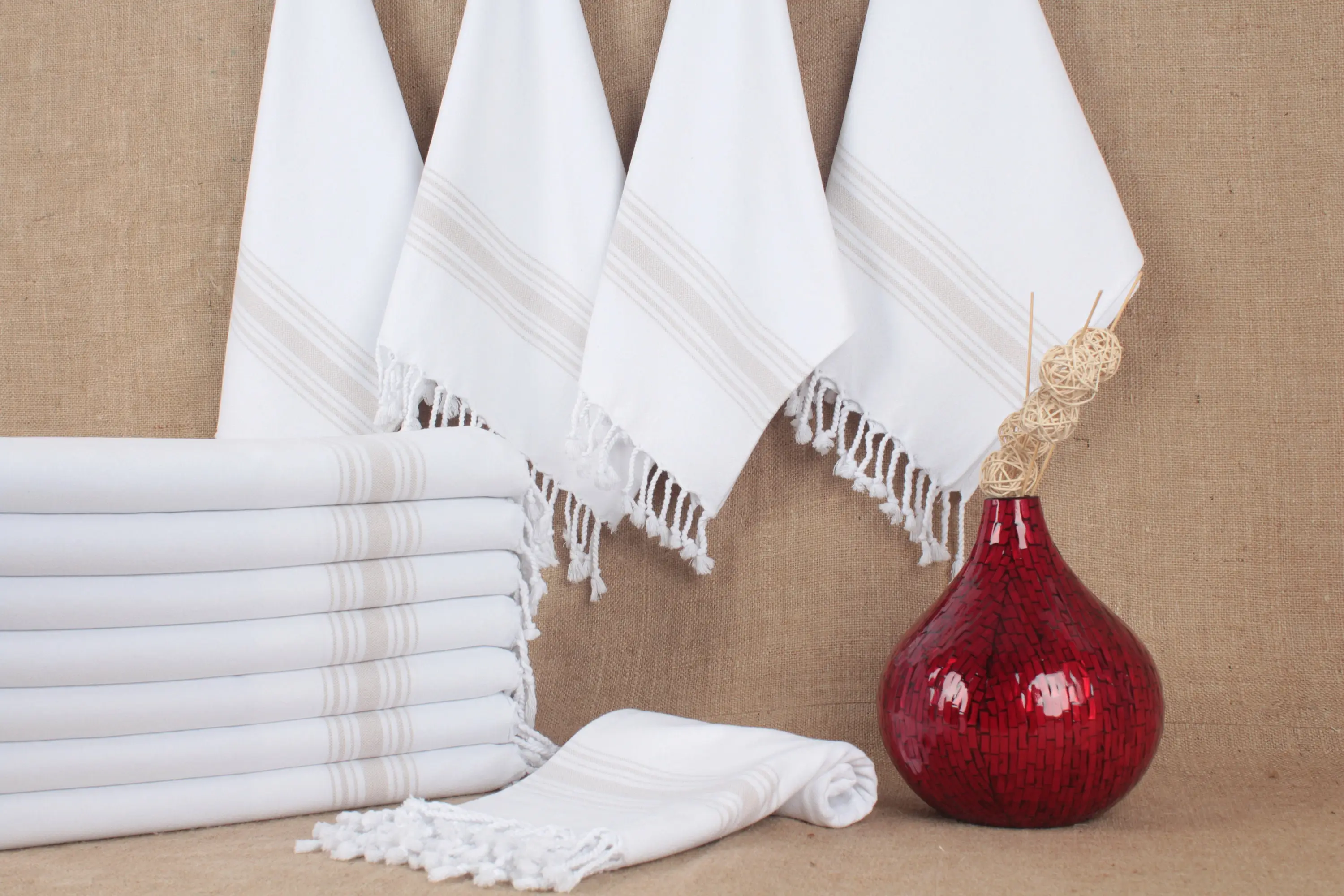 Kitchen Towel Hand Towel Beige Striped Cotton 18x38 Inches - 1