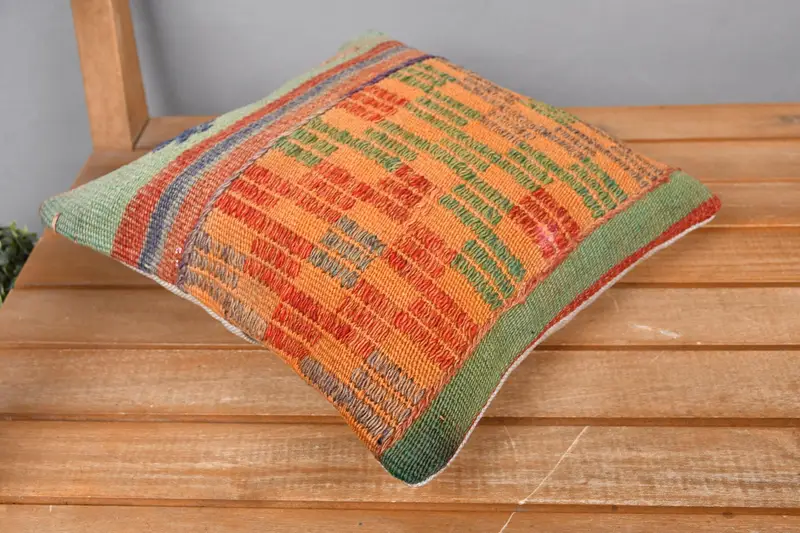 12x12 Orange Cushion, Turkish Kilim Pillow, Turkish Pillow, Ethnic Pillow Cover Pillow Cover, Vintage Pillow, Cushion, Handmade Throw Pillow Sham - 2