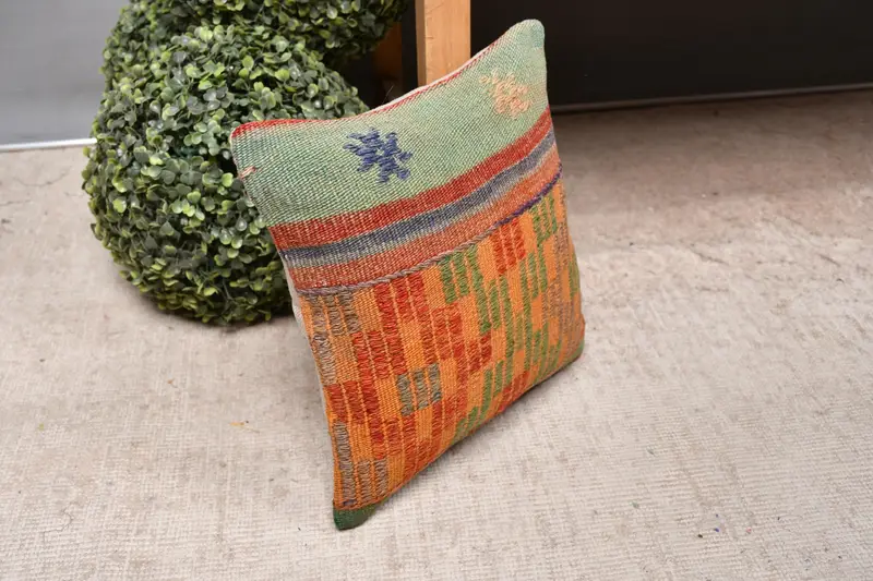 12x12 Orange Cushion, Turkish Kilim Pillow, Turkish Pillow, Ethnic Pillow Cover Pillow Cover, Vintage Pillow, Cushion, Handmade Throw Pillow Sham - 7