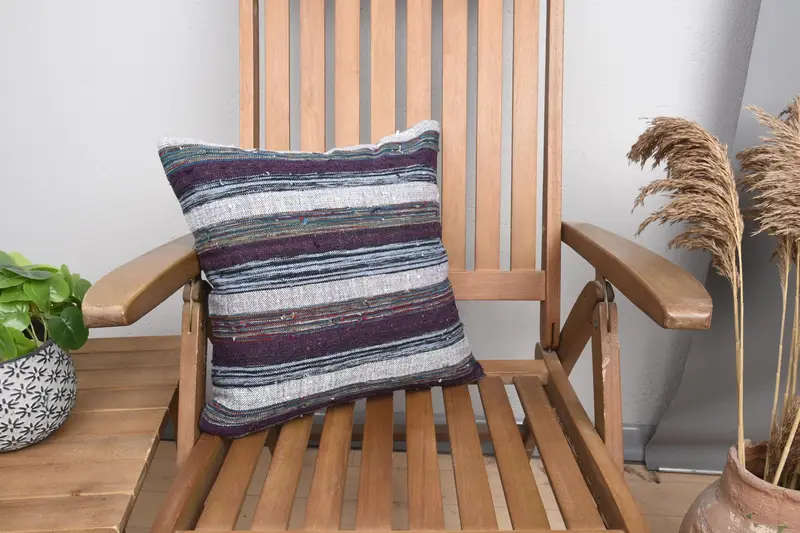 Turkish Gift Seasonal Decor Cushion Cover, WovenPurple 40x40 cm Wool Striped Pillow Cover - 1