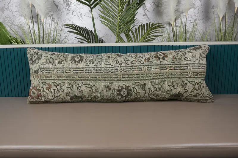 Grünes und braunes Patchwork-Wurfkissen, 16 x 48 handgefertigtes rechteckiges Kissen