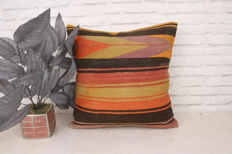 Authentic Cushion, Pillow Case, Antique Pillows, 20x20 Orange Pillow Case, Boho Pillow Sham Cover, Pillow for Sofa, Boho Throw Cushion - 1