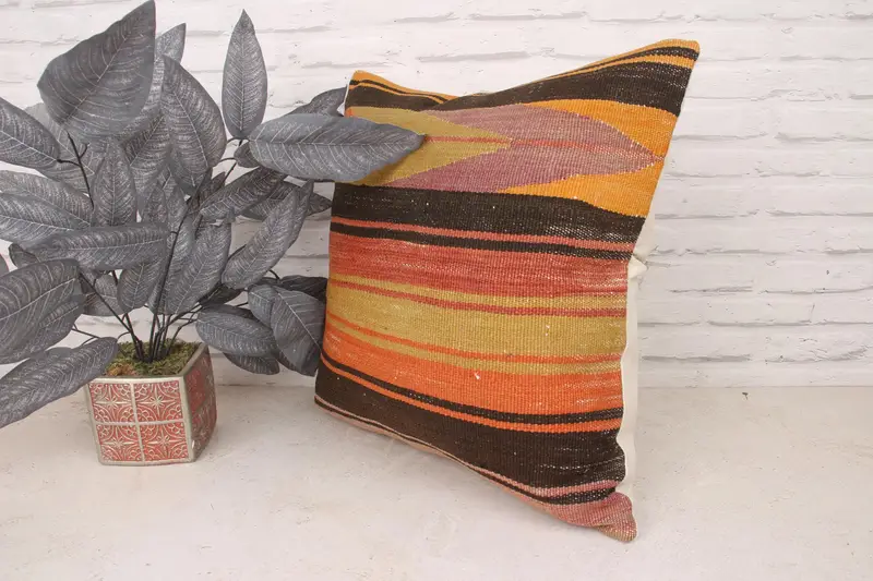 Authentic Cushion, Pillow Case, Antique Pillows, 20x20 Orange Pillow Case, Boho Pillow Sham Cover, Pillow for Sofa, Boho Throw Cushion - 4