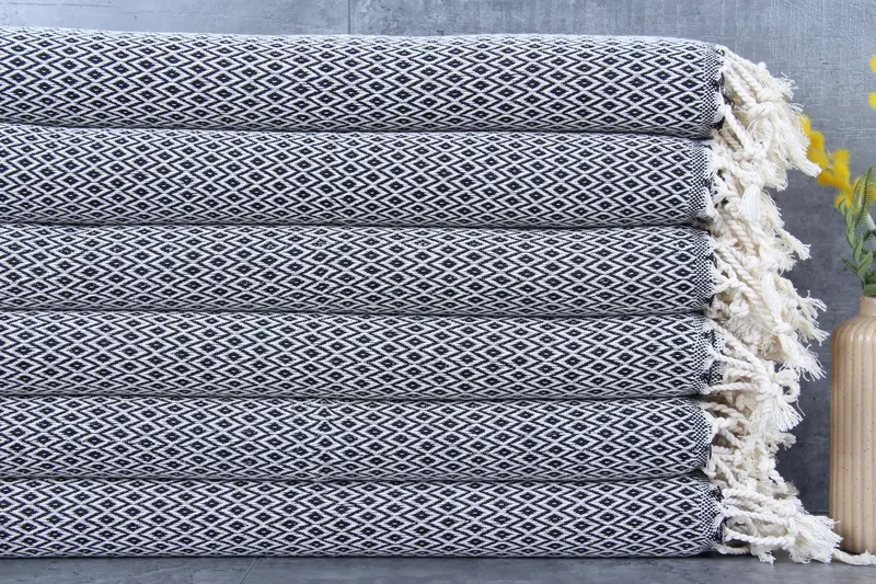 Turkish Towel Diamond Black Peshkir, Kitchen Towel, 20x40 Inches