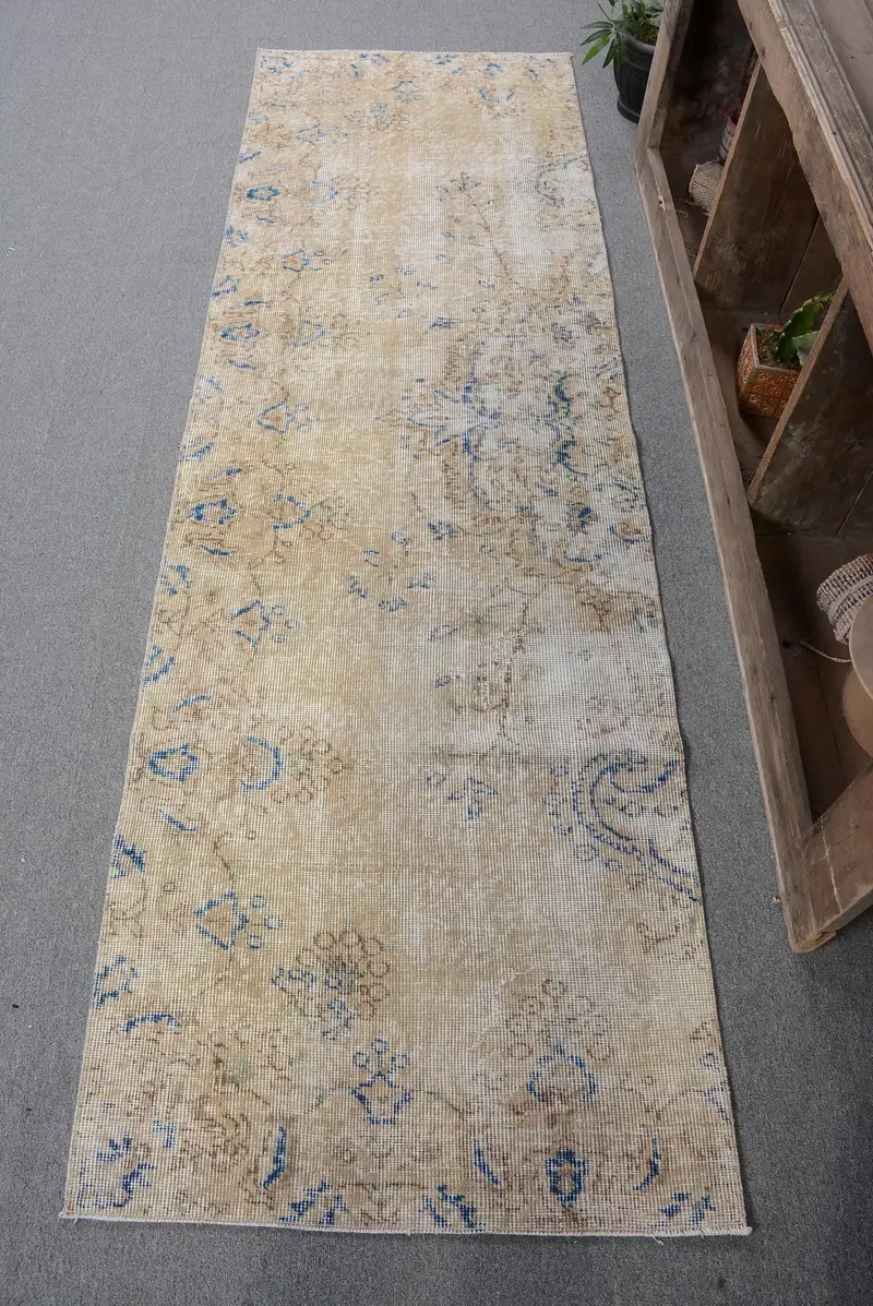 Vintage Türk Halısı 2.6x8.4 ft (78x256 cm), Bej Mavi Bordürlü Halı - 1