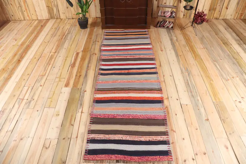 2.9x8.7 ft Turkish Vintage Rug, Runner Rug, Red Kilim Striped Rug - 1
