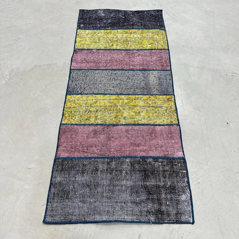 Vintage Turkish Small Rug 2x5 ft, Black Yellow Animal Print Wool Rug - 1