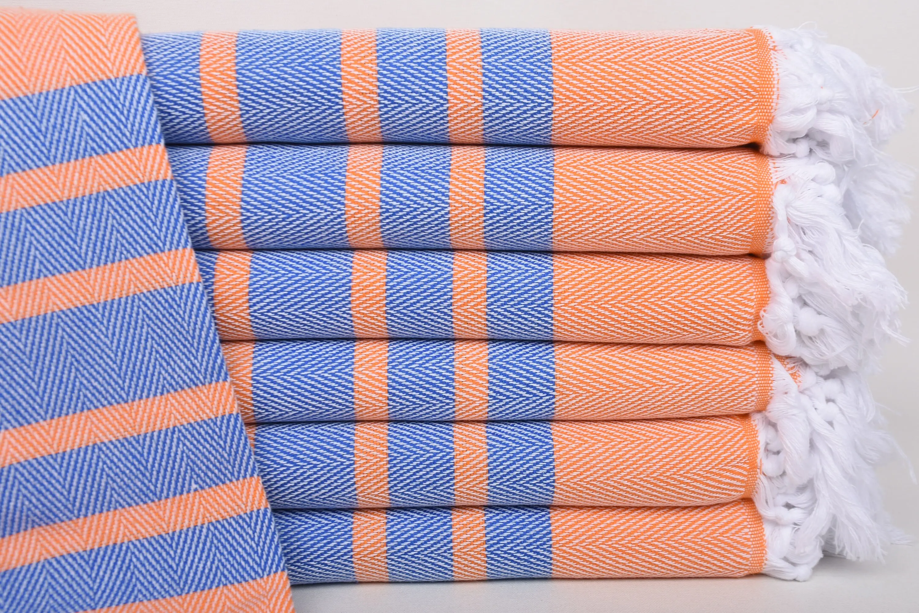 Handmade Turkish Beach Towel Blue-Orange Chevron, Organic Cotton, 67x36 Inches - 1