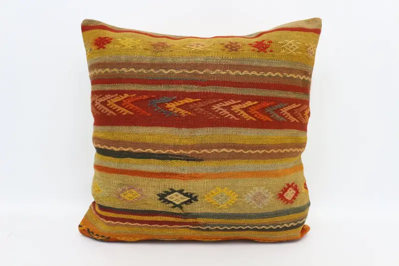 Handmade Pillow Sham, Kilim Pillow Cover, Throw Kilim Pillow, Cushion Cover, Natural Pillow Cover, 28x28 Yellow Cushion Cover, Boho Pillow - 1