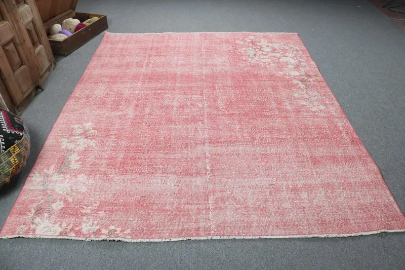 6.6x7.9 ft Halı, Türk Vintage Büyük Halı, Kırmızı Oushak Yün Halı - 1