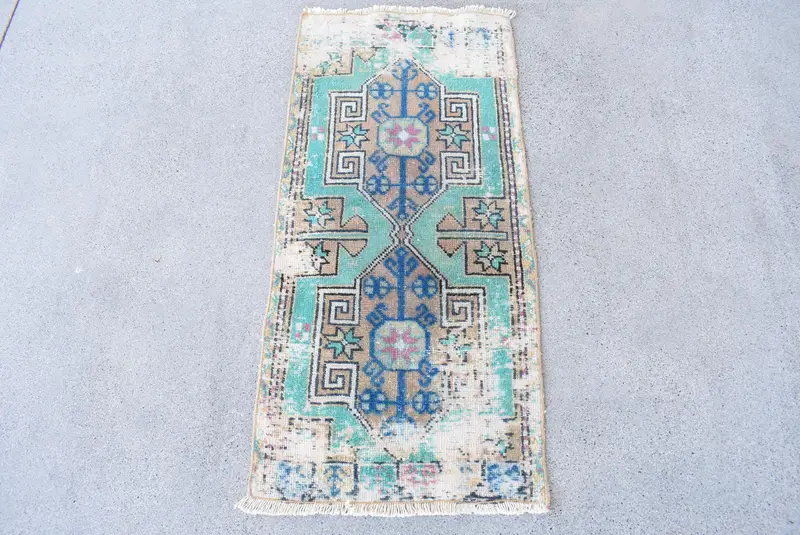 Türk Vintage Halısı 0.1x3.3 ft (4x102 cm), Oushak Yeşil Yün Halı - 1